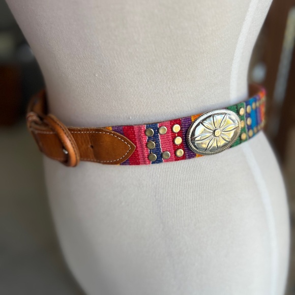 Express Accessories - Vintage Leather Colorful Boho Embroidered Belt with Buckle and Rivet Detail